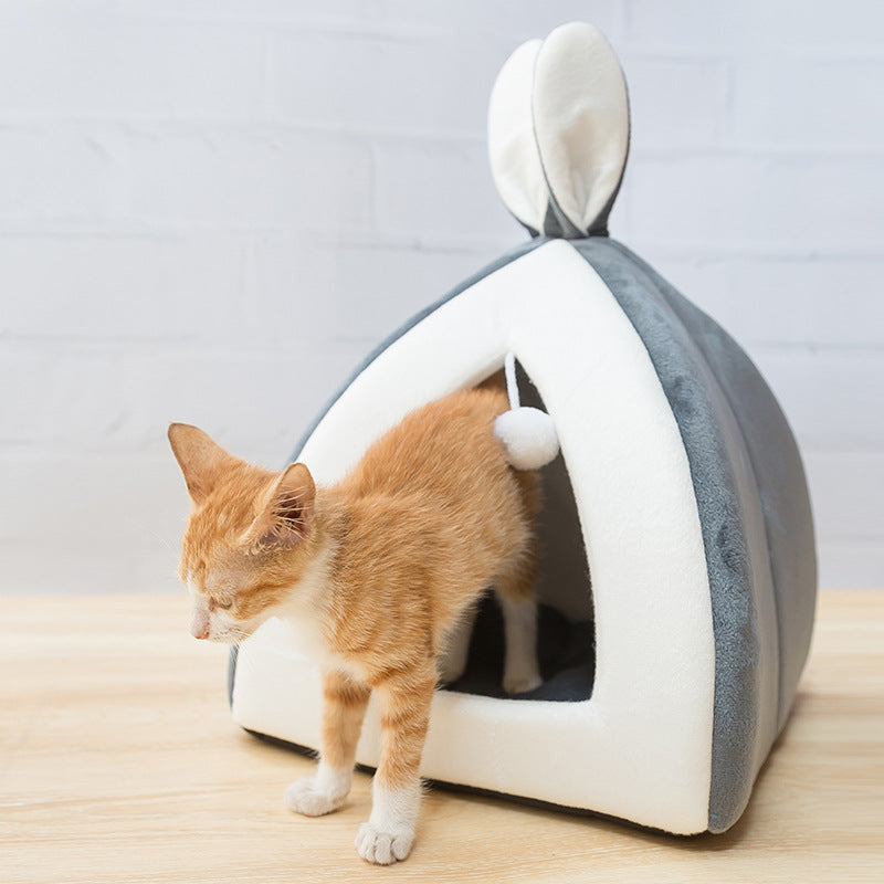 Enclosed Plush Cat & Dog Bed with Rabbit Ears